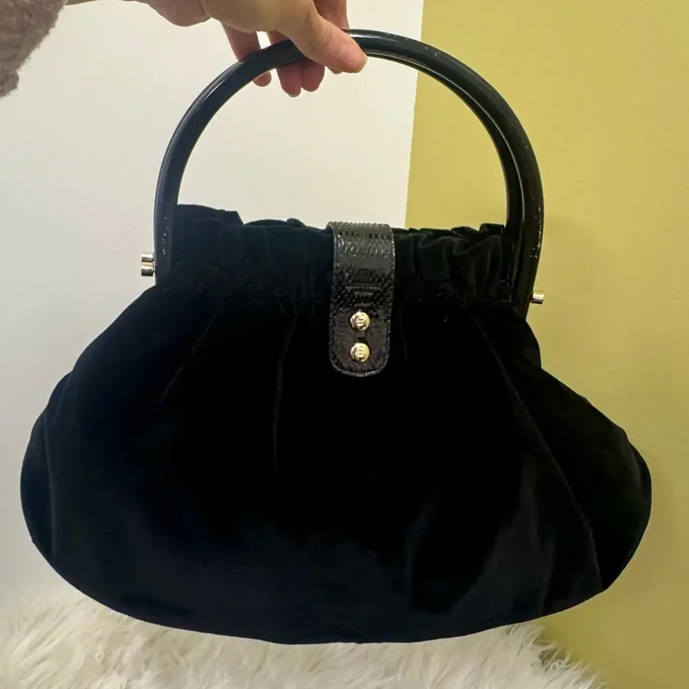 Kate Spade Maya Wood Handle Black Velvet Purse Handbag Turnlock Classic